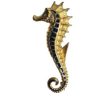 Seahorse Pin Brooch Vtg Gold tone Blue Green ocean animal beach shore marine